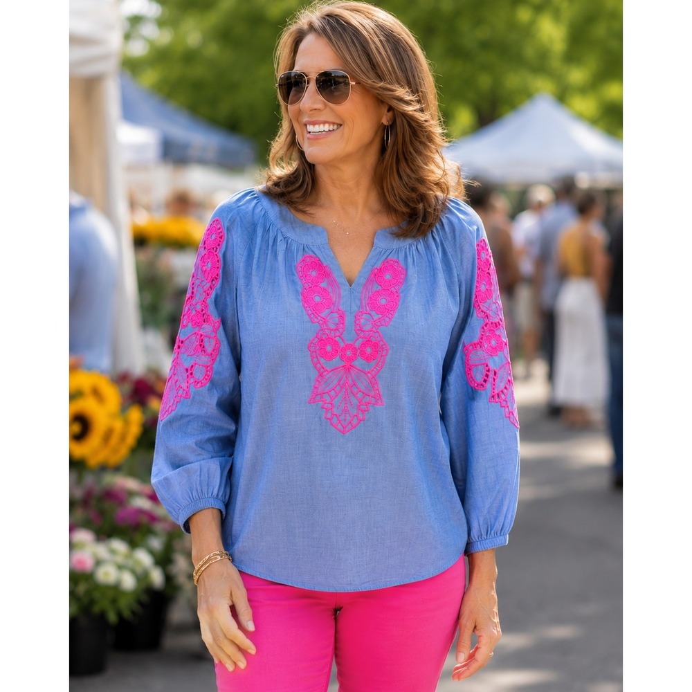 Lilly Pulitzer Size L Blue Pink Embroidered Tunic Top 100% Cotton Boho Resort